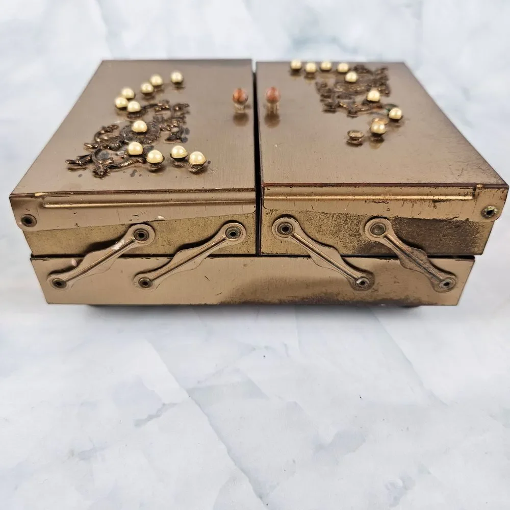 Vintage‎ metal trinket jewelry box velvet lined pearl inlay art deco accordion